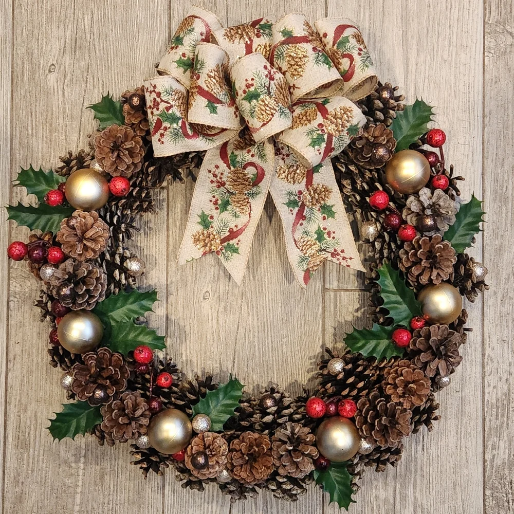 Golden Holiday Pinecone Christmas Wreath